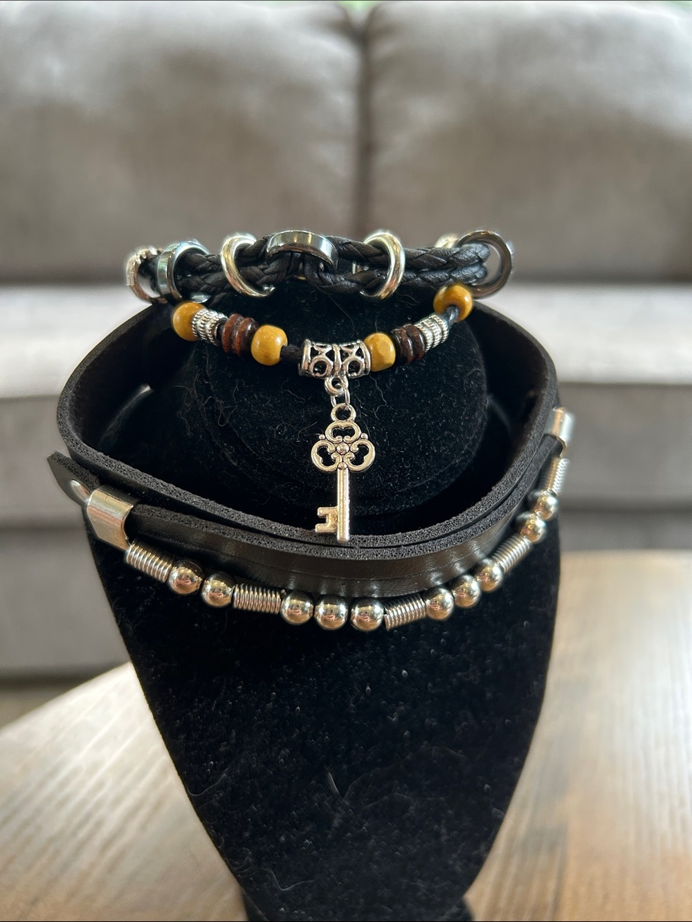 Black Leather Beaded and Cord Bead Bracelet Set - Men or Women